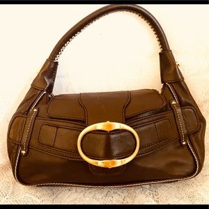 Antonio Melani Cognac Leather White Stitching Gold Buckle Baguette Shoulder Bag